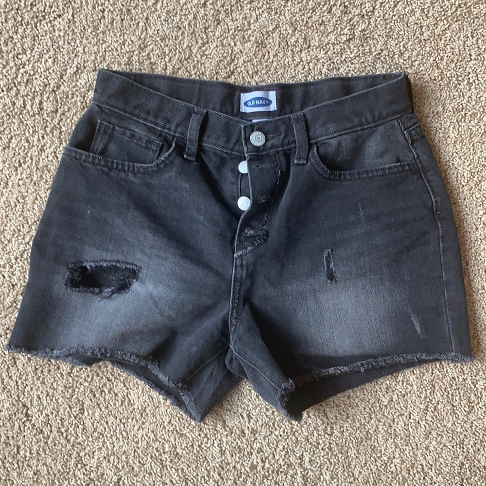 Girls Black distressed denim shorts